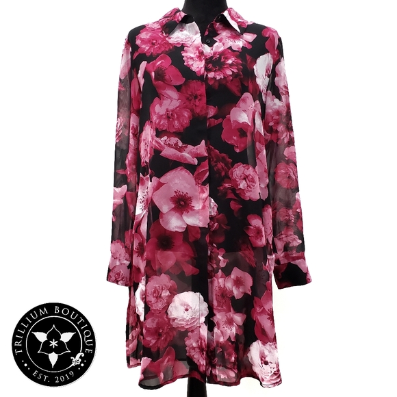 Calvin Klein Floral Sheer Shirt Dress Medium - Picture 2 of 7